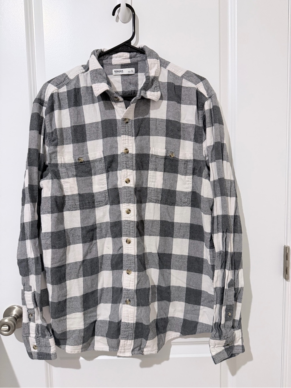 Sonoma Gray and White Buffalo Plaid Long-Sleeve Button Shirt